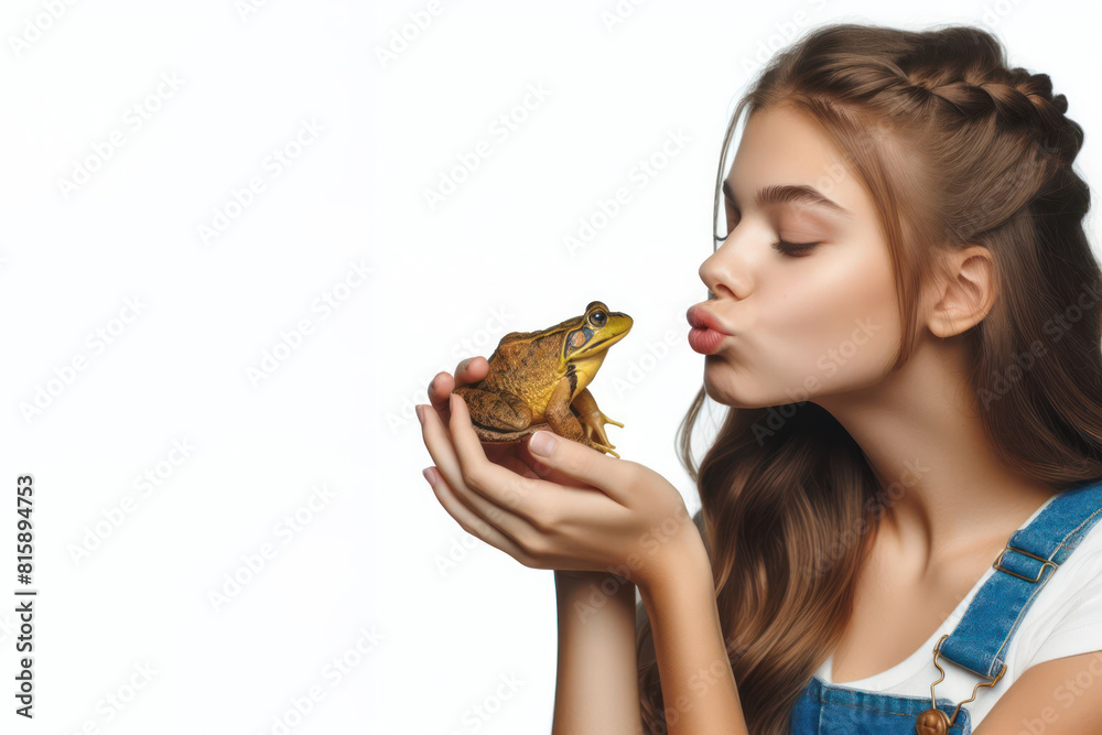 A girl holds a frog in her arms and wants to kiss it Isolated on white background A girl holds a frog in her arms and wants to kiss it Isolated on white background