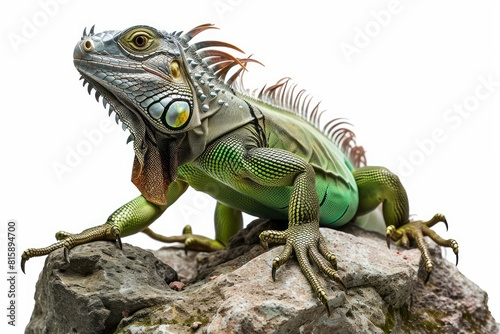 Green Iguana Basking on a Rock  Showcase a green iguana basking under a heat lamp on a rock. photo on white isolated background