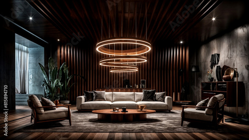 Wooden futuristic living room design  cinematic