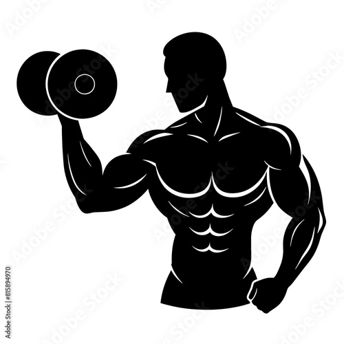 Silhouette of a bodybuilder holding a dumbbell at the gym and showcasing his muscular physique vector illustration 
