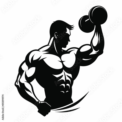 Silhouette of a bodybuilder holding a dumbbell at the gym and showcasing his muscular physique vector illustration 
