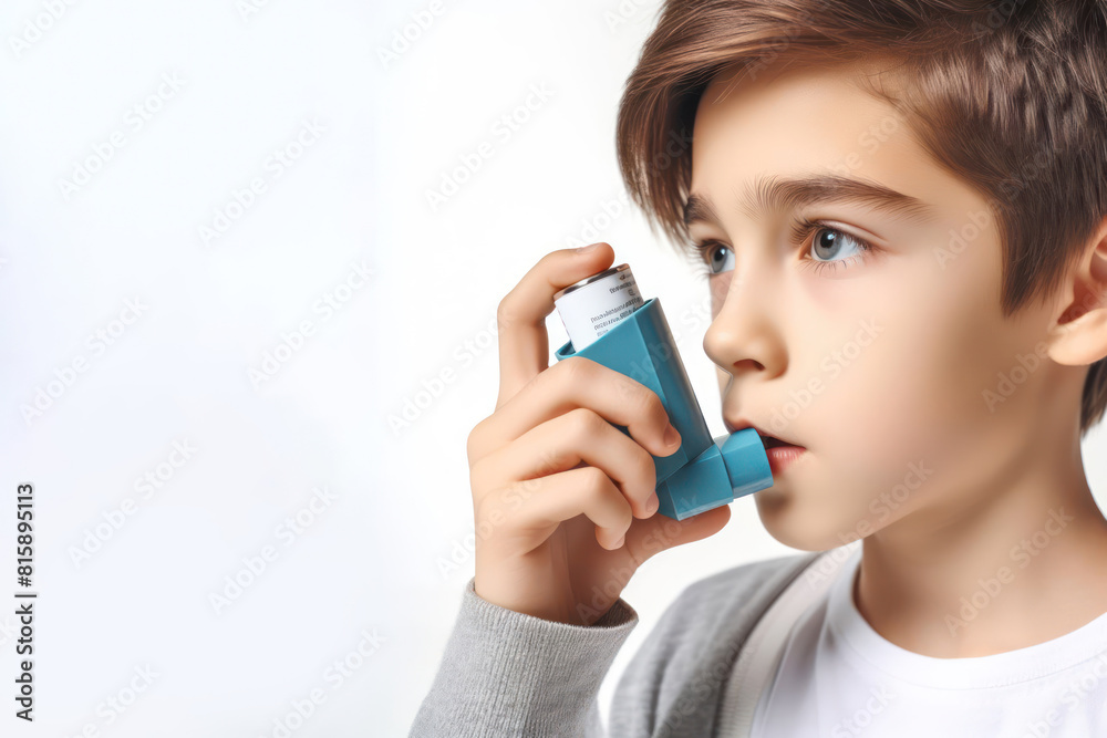 boy uses an inhaler on a white background copy space boy uses an inhaler on a white background copy space