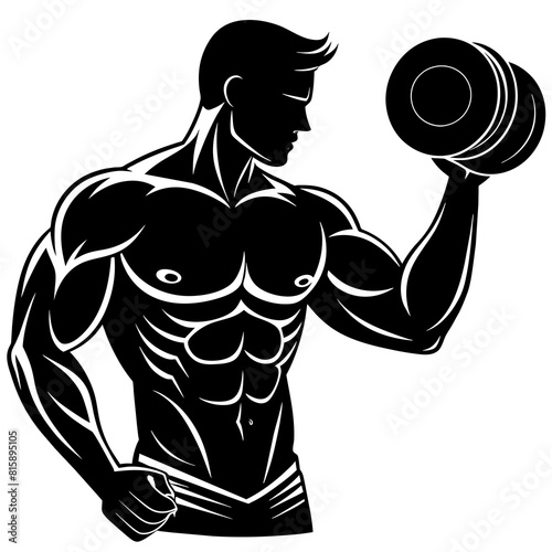 Silhouette of a bodybuilder holding a dumbbell at the gym and showcasing his muscular physique vector illustration 
