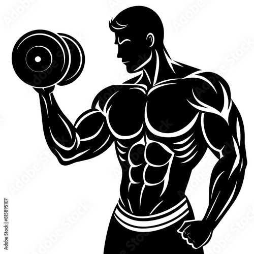 Silhouette of a bodybuilder holding a dumbbell at the gym and showcasing his muscular physique vector illustration 
