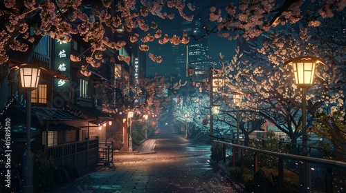 rural city of japan  night mode with sakura