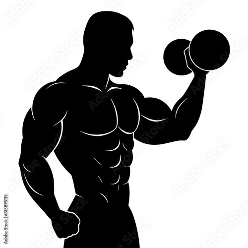 Silhouette of a bodybuilder holding a dumbbell at the gym and showcasing his muscular physique vector illustration 
