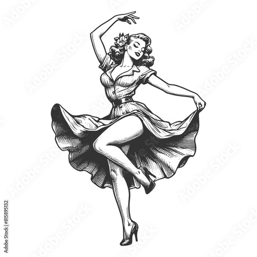 elegant retro dancer captured mid-movement, her flowing dress and poised stance emphasizing the timeless grace of classic dance sketch engraving generative ai fictional character vector illustration. 