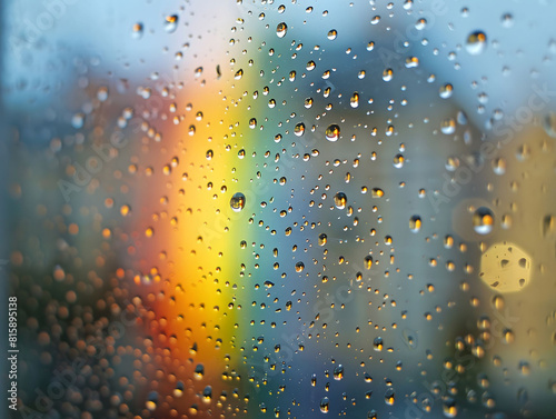 Raindrops on window  faint rainbow against grey sky  closeup  soft focus   Ultra HD