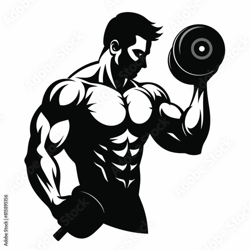 Silhouette of a bodybuilder holding a dumbbell at the gym and showcasing his muscular physique vector illustration 

