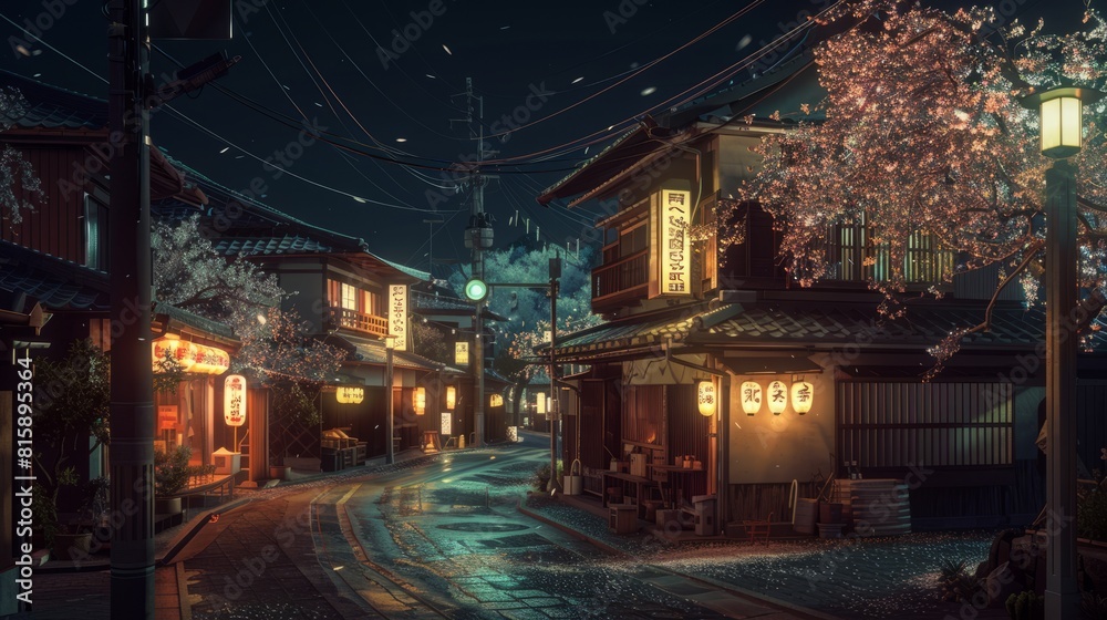 Fototapeta premium rural city of japan, night mode with sakura