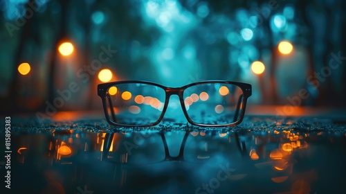 Glasses on a background of the night road. Selective focus. out of focus background