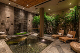 A tranquil Zen spa adorned with bamboo accents, soothing water features, and plush relaxation areas, offering a sanctuary for rejuvenation, relaxation, and holistic wellness treatments.