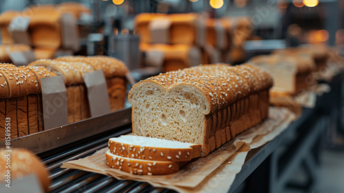 food packaging automation, bakery uses automated machine to seal sliced bread in paper bags, increasing efficiency and productivity in packaging process photo