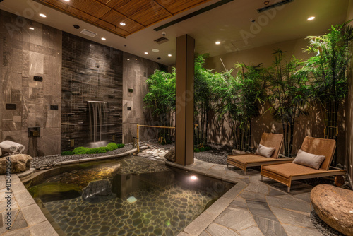A tranquil Zen spa adorned with bamboo accents  soothing water features  and plush relaxation areas  offering a sanctuary for rejuvenation  relaxation  and holistic wellness treatments.