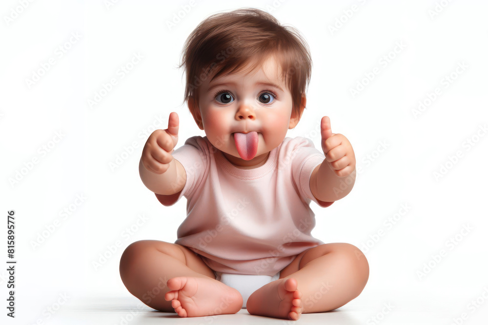 funny dissatisfied baby sit and shows tongue on white background funny dissatisfied baby sit and shows tongue on white background