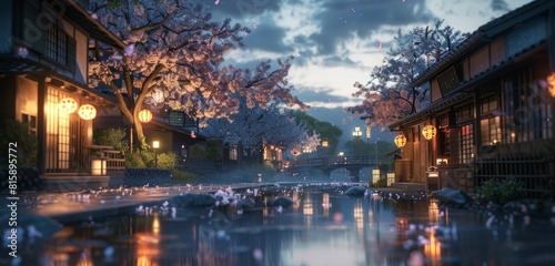 rural city of japan  night mode with sakura
