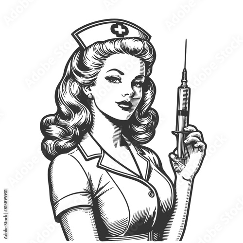 nurse with an eye patch holding syringe and medicine bottle vintage healthcare sketch engraving generative ai fictional character vector illustration. Scratch board imitation. Black and white image.