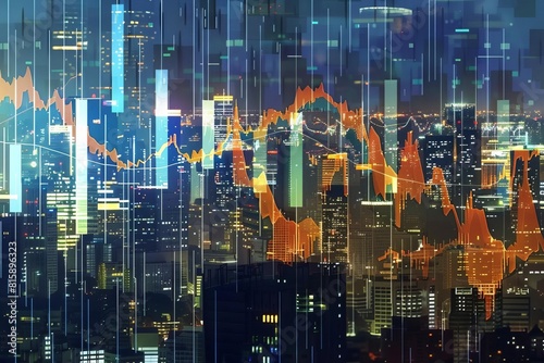 Financial graphs displayed over a cityscape photo