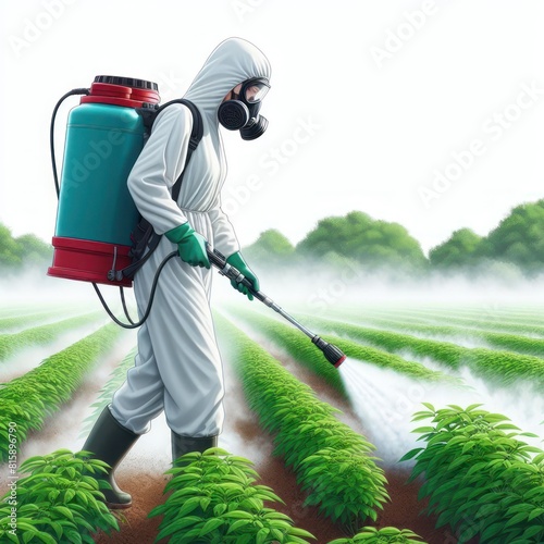 person fumigating field with pesticide or insecticide Isolated on white background photo