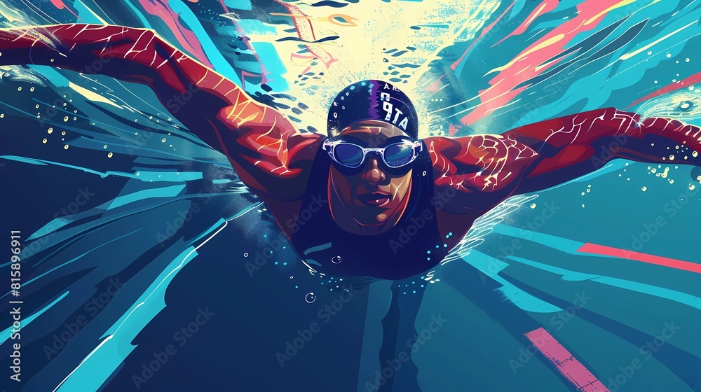 Illustration of a dynamic silhouette of a swimmer underwater
