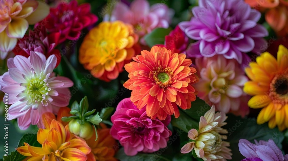 Obraz premium Floral arrangement bursting with vibrant colors, symbolizing beauty and growth