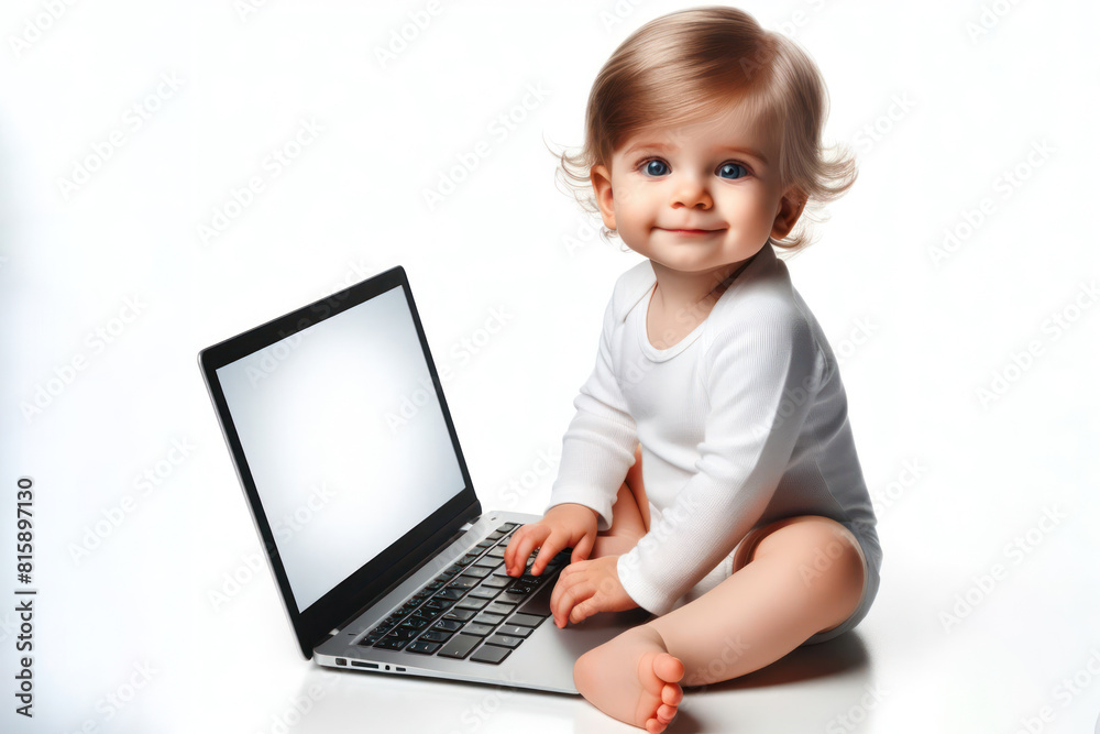 Smart baby sitting near laptop with a white screen Isolated on white background Smart baby sitting near laptop with a white screen Isolated on white background