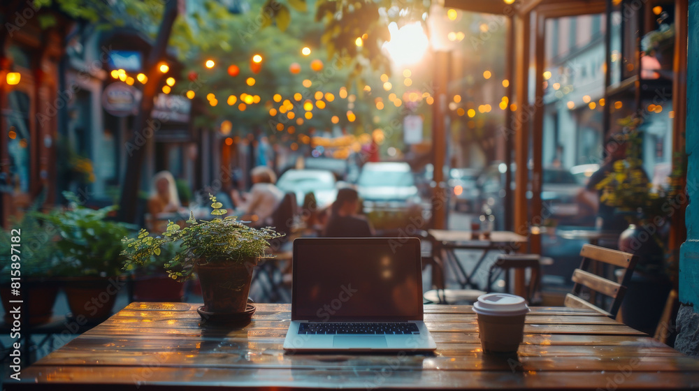 A laptop is open on a table in a cafe with a potted plant next to it A laptop is open on a table in a cafe with a potted plant next to it