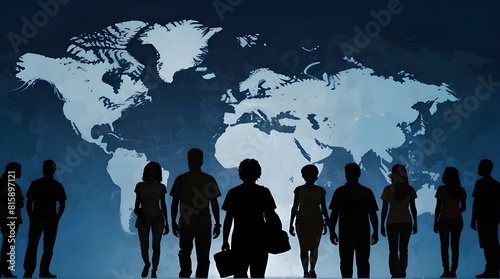 World population day illustration, Human shadows in front of a world map. © Adithya Art Hub
