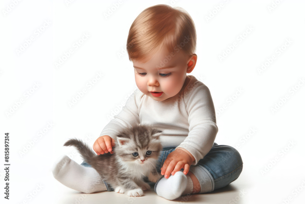The baby play with kitten and sits on it Isolated on white background The baby play with kitten and sits on it Isolated on white background