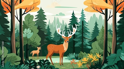 forest wildlife flat design front view animal habitat theme cartoon drawing colored pastel
