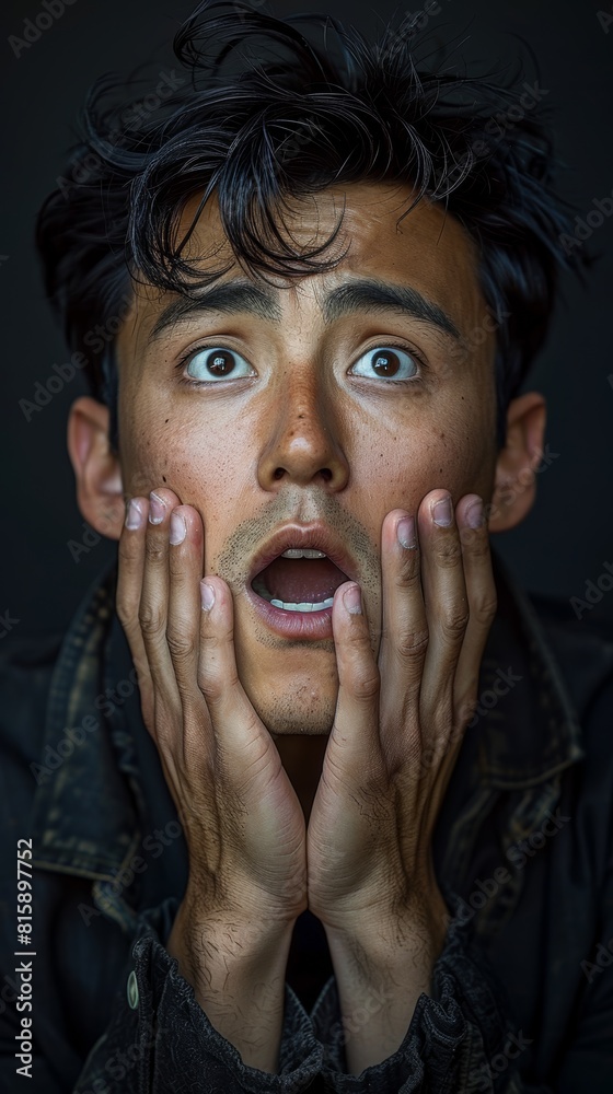 Man, Young people, Chinese, Shirtless, Put your hands to your mouth and look stunned, Exaggerated facial expression Man, Young people, Chinese, Shirtless, Put your hands to your mouth and look stunned, Exaggerated facial expression