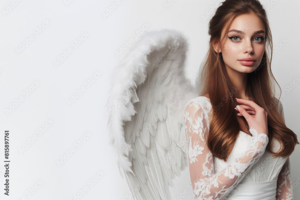 woman with white wings isolated on a white background copy space woman with white wings isolated on a white background copy space