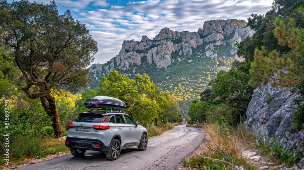 an SUV car equipped with a roof box traversing a scenic mountain road, symbolizing the freedom and excitement of family vacations and travel adventures amidst breathtaking summer landscapes. an SUV car equipped with a roof box traversing a scenic mountain road, symbolizing the freedom and excitement of family vacations and travel adventures amidst breathtaking summer landscapes.