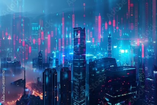 Futuristic cityscape visualized with vibrant digital financial graphs