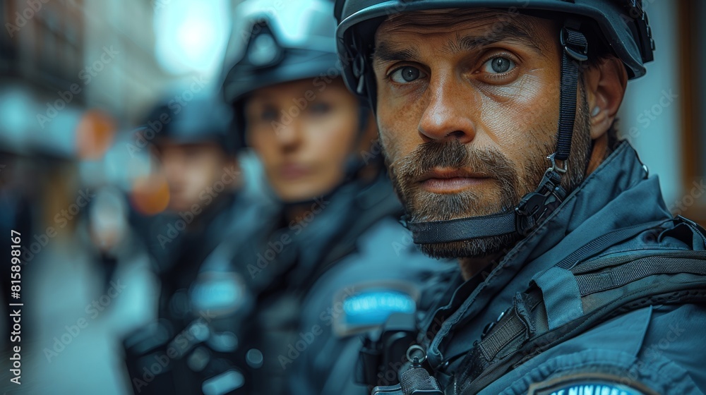 Security guard team armed and protecting industrial park, professional uniform, protective equipment, watchful eyes, radio communication Security guard team armed and protecting industrial park, professional uniform, protective equipment, watchful eyes, radio communication