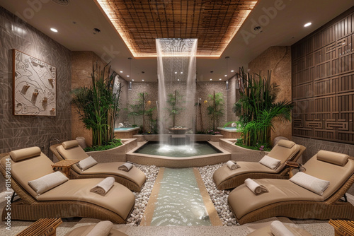 A tranquil Zen spa adorned with bamboo accents  soothing water features  and plush relaxation areas  offering a sanctuary for rejuvenation  relaxation  and holistic wellness treatments.