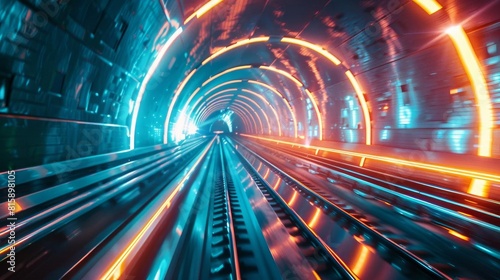 Futuristic train passing through a neonlit tunnel photo