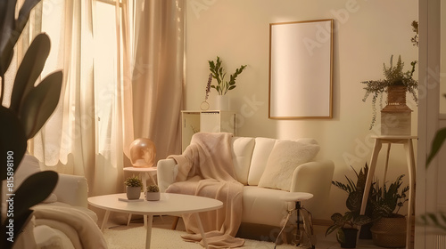 Warm and cozy composition of living room interior with mock up poster frame modular sofa white armchair stylish coffee table plants beige curtain and personal accessories Home decor Te   Generative AI