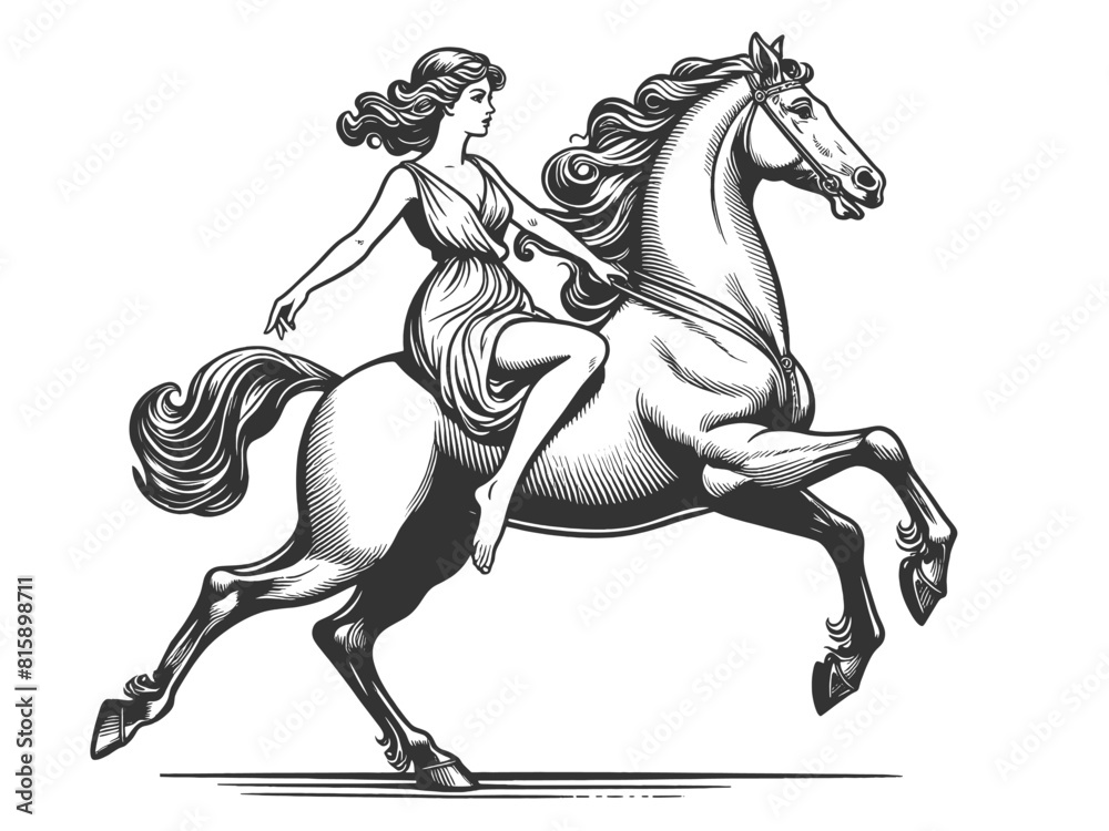 woman riding a beautifully detailed galloping horse, dynamic motion and grace sketch engraving generative ai fictional character vector illustration. Scratch board imitation. Black and white image.