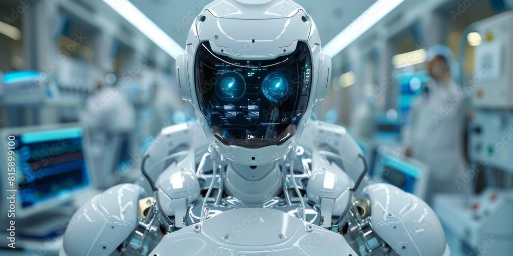 Advanced humanoid robot with a detailed mechanical design in a futuristic factory Advanced humanoid robot with a detailed mechanical design in a futuristic factory
