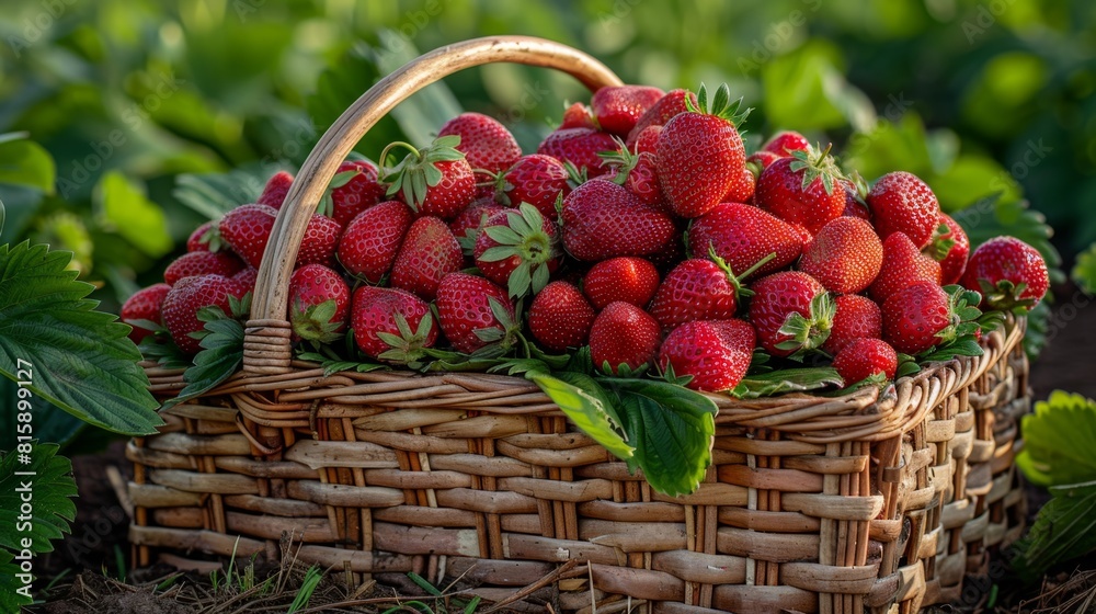 fruit harvest, an abundant basket filled with juicy strawberries freshly harvested from a flourishing patch with utmost care