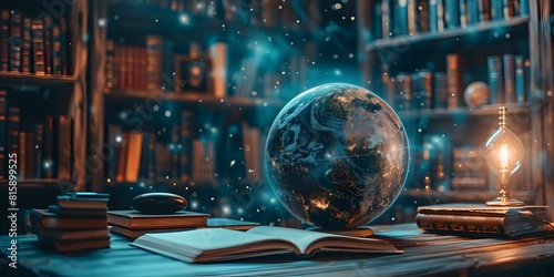 Futuristic Concept of Science Fiction Literature and Its Influence on Technology with Books and Globe on Desk