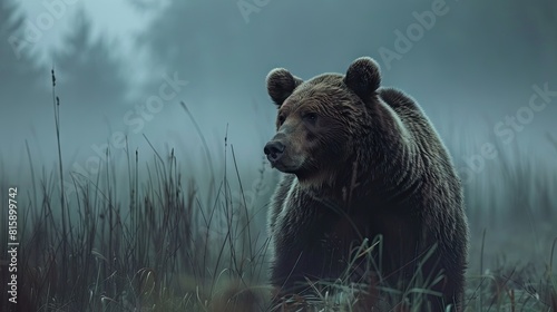 A Big Brown Bear or Ursus arctos captured in the wild during fog