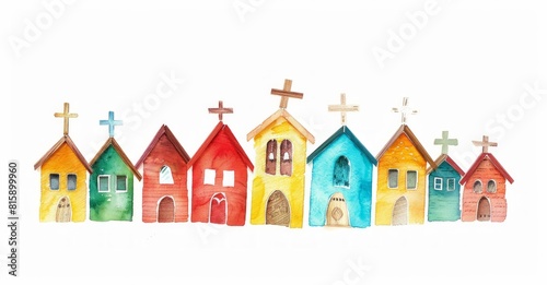 Watercolor Miniature of Diverse Religious Buildings