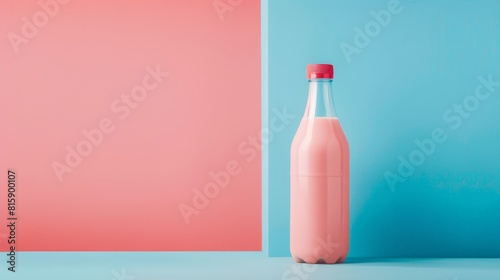 Pink bottle of milk on blue and pink background with copy space