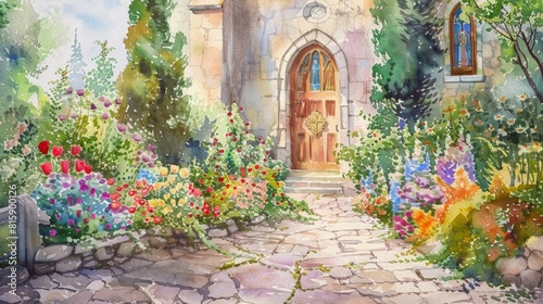 Watercolor Painting of a Blooming Garden and Church