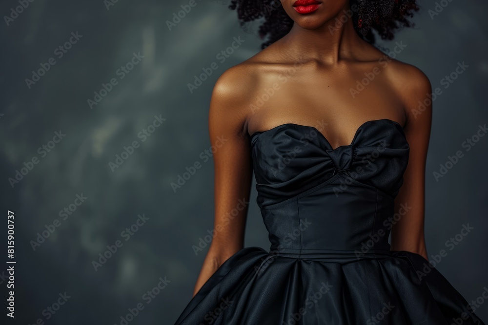 Cropped view of an elegant lady in a stylish black strapless gown against a moody background Cropped view of an elegant lady in a stylish black strapless gown against a moody background
