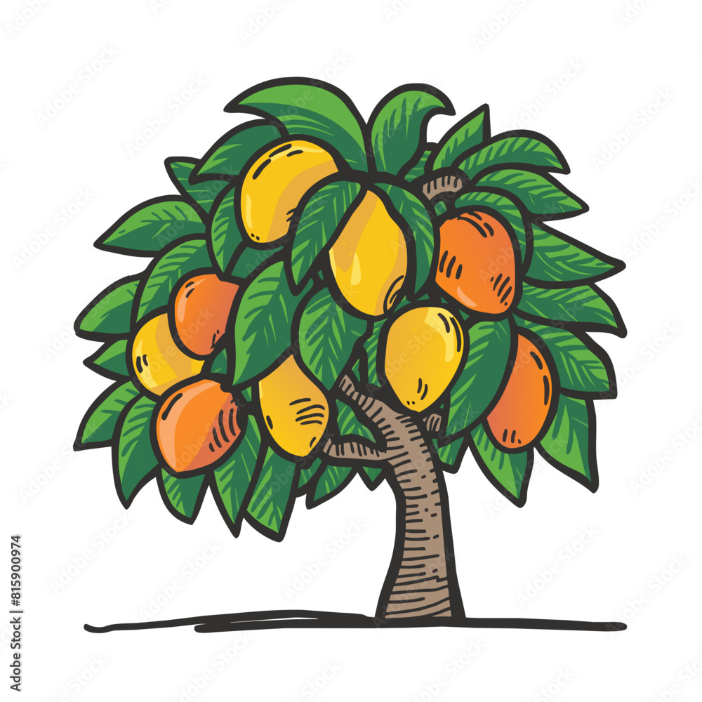 Mango tree Doodle Art: Exotic Illustration of a Sweet Tropical Fruit