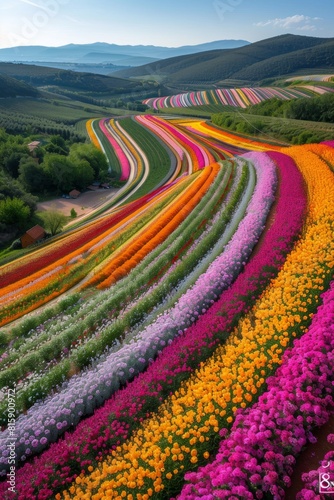 A breathtaking aerial perspective of vibrant, multicolored flower fields arranged in sweeping curved patterns amidst rolling hills.