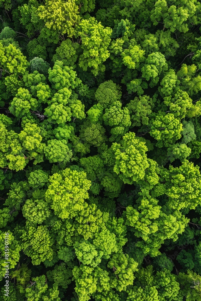 Vivid aerial shot capturing the lush, dense canopy of a green forest, showcasing the natural beauty and biodiversity of the ecosystem.